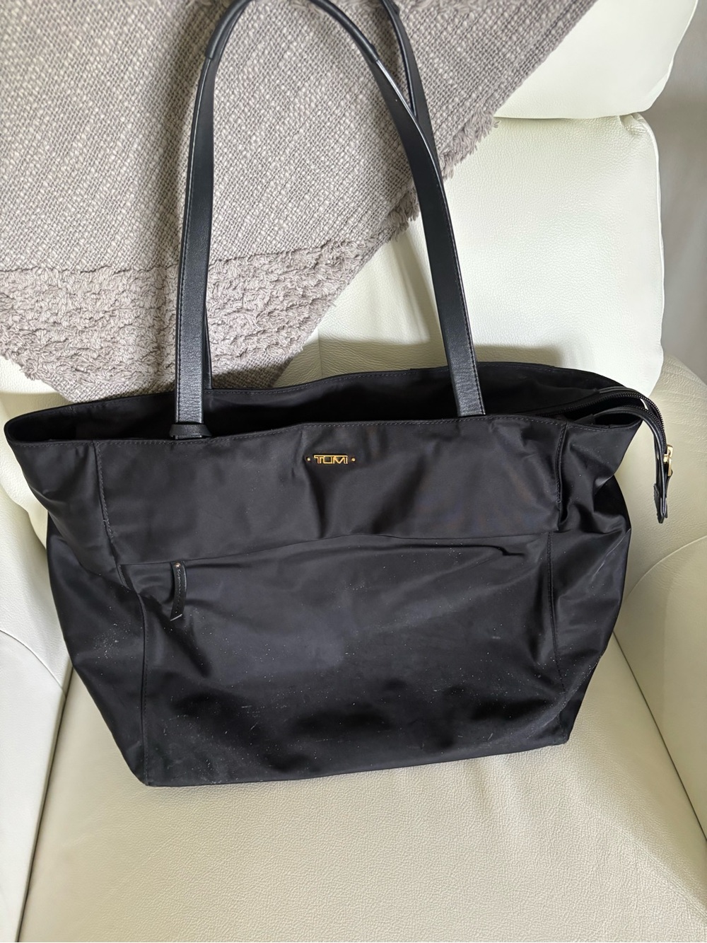 Tumi Black Nylon Shoulder Tote with Gold Logo